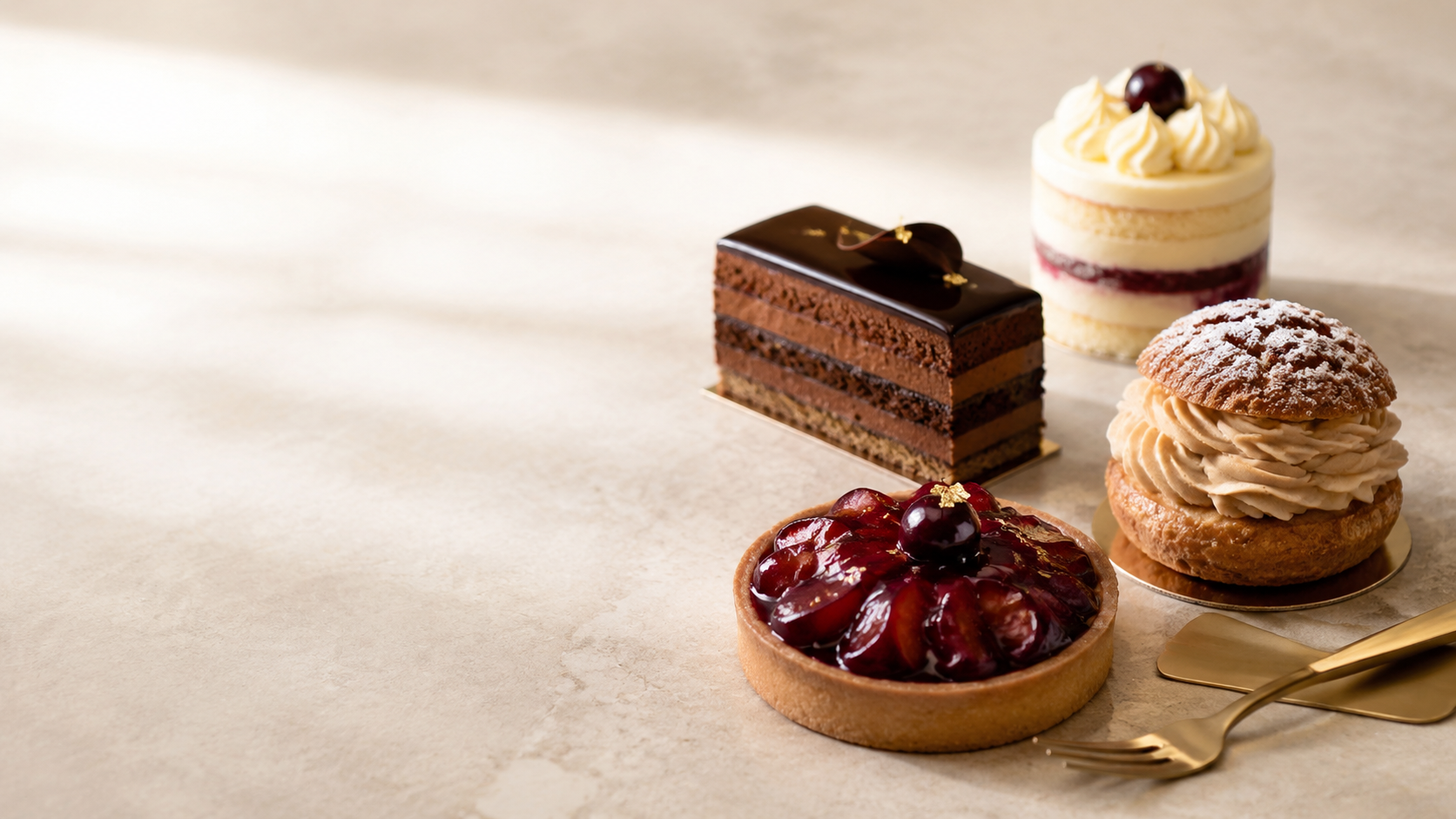 Refined boutique pastries presented on ivory stone